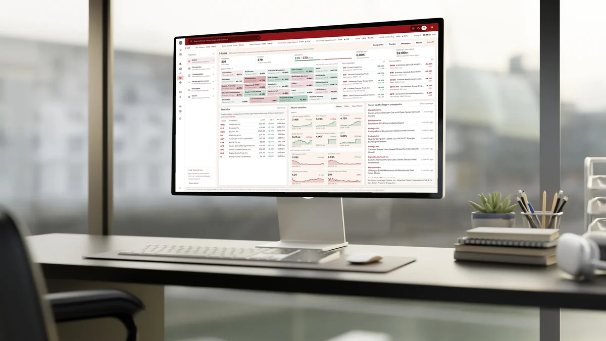 The GREI Terminal home page on a desktop screen: sector heat, top movers, a watchlist, rates and news