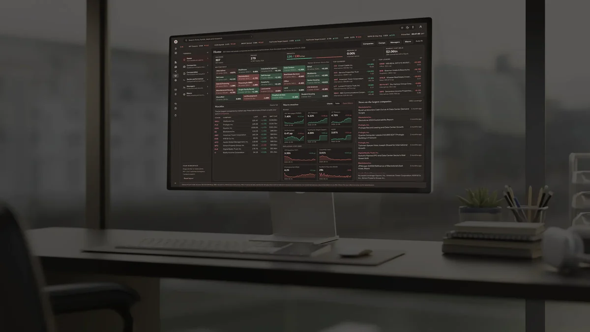 The GREI Terminal home page on a desktop screen: sector heat, top movers, a watchlist, rates and news