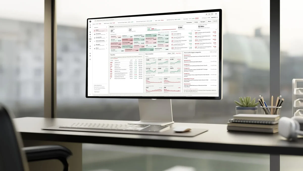 The GREI Terminal home page on a desktop screen: sector heat, top movers, a watchlist, rates and news