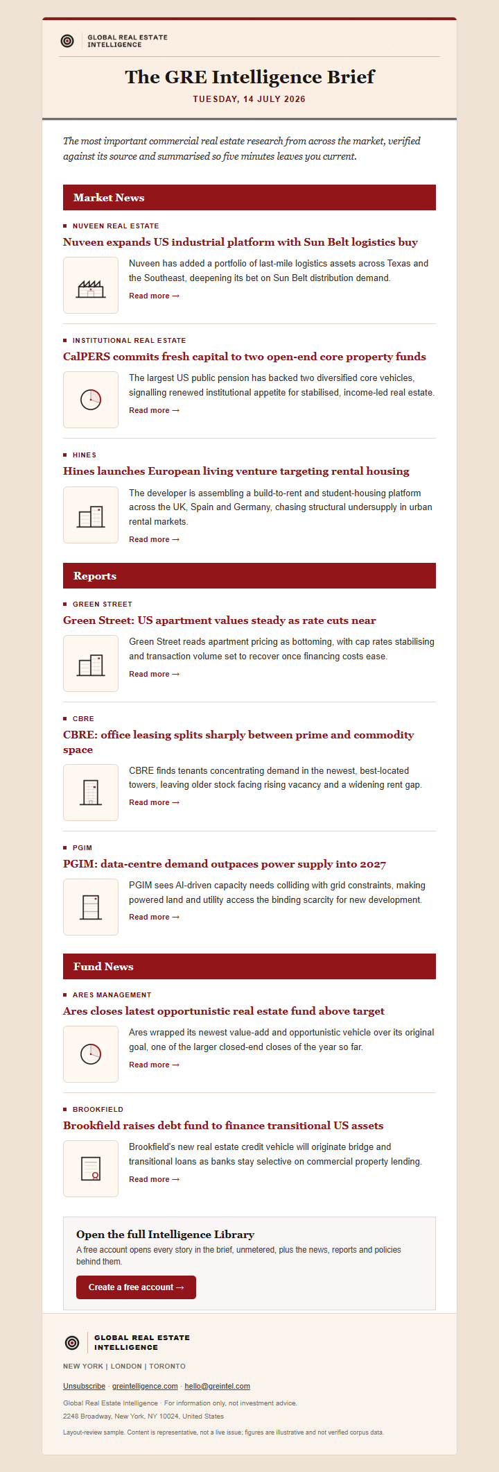 A sample layout of the GREI Intelligence Brief on a phone.